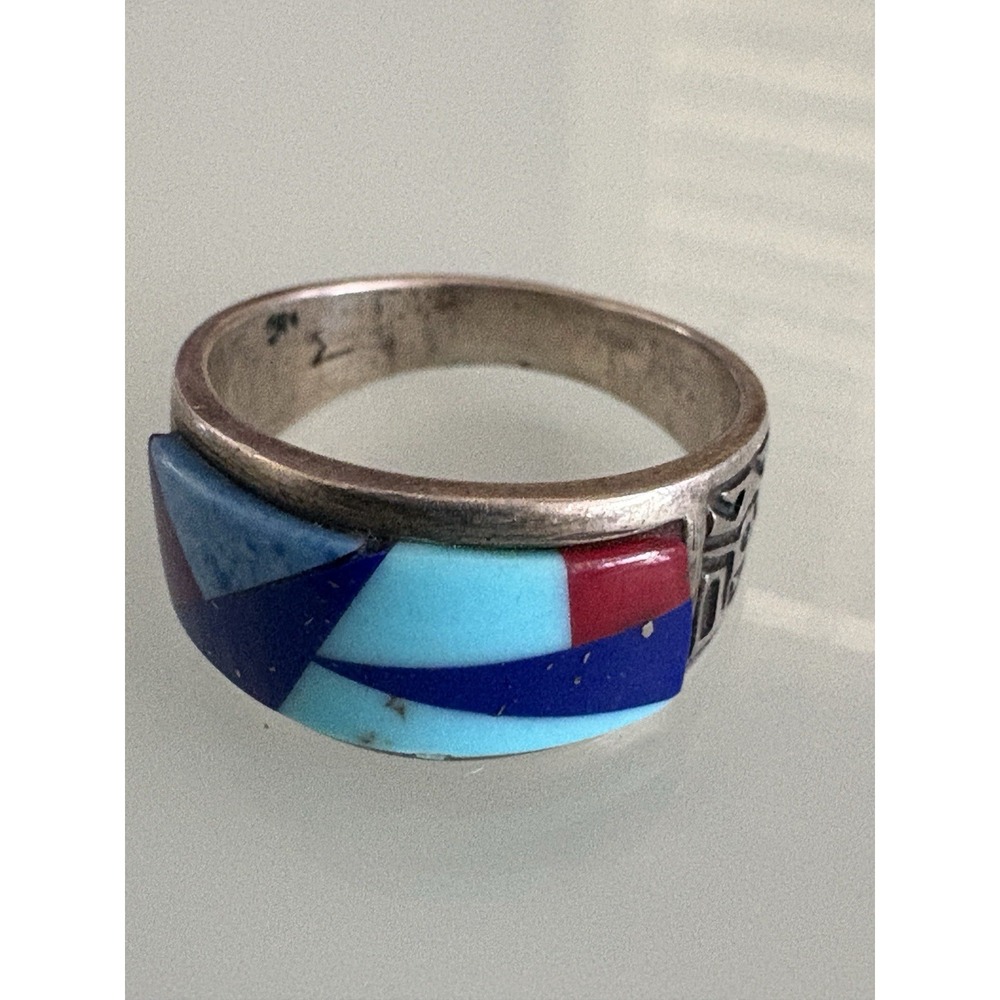 VTG sterling silver 925 turquoise lapis coral inlay aquamarine?ring size 4.5